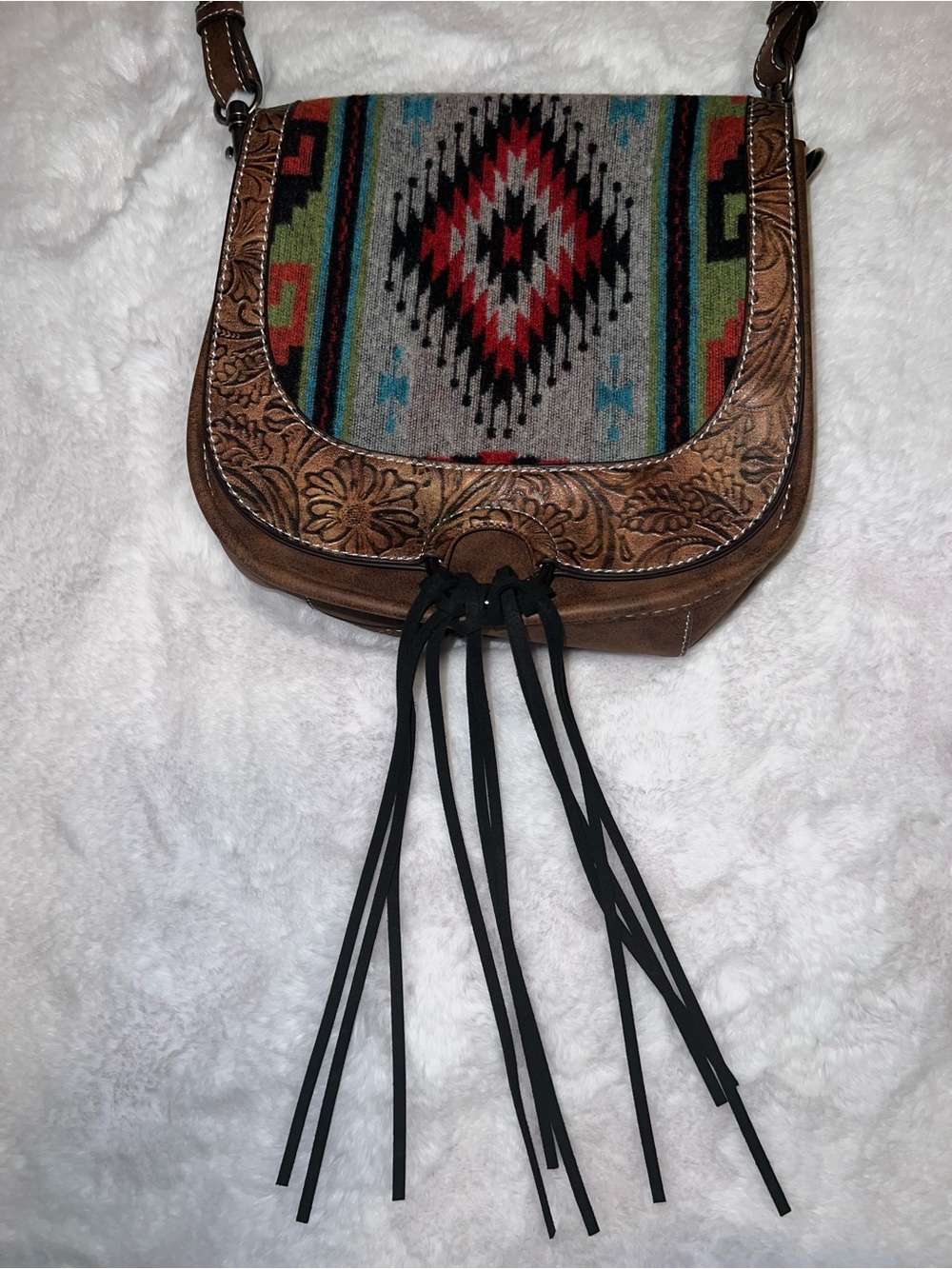 Justin Brown Leather Crossbody with Multicolor Southwestern Weave